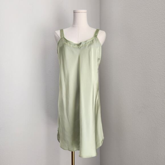 Vintage 90s Light Green Embroidered Lingerie Slip Dress M - Picture 1 of 11